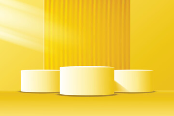3D yellow round podium background. Minimalist pedestal mockup. Abstract stand product display presentation, Stage for showcase. Vector platform design.