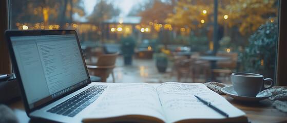 Cozy Cafe Work Session: A laptop rests open on a notebook beside a steaming cup of coffee, the rain-blurred lights of a cozy cafe visible through the window.