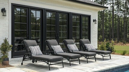 Luxury Poolside Relaxation: Modern Black Framed French Doors and Comfortable Lounge Chairs