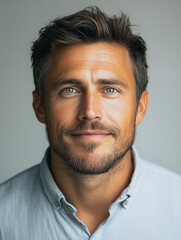 Obraz premium Confident Gaze: Portrait of a handsome man with captivating blue eyes and a neatly trimmed beard, exuding confidence and charisma in a close-up shot. 