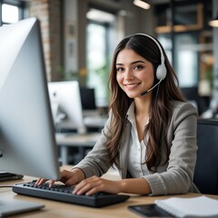 A woman wearing headphones is sitting at a desk with other people ai generated