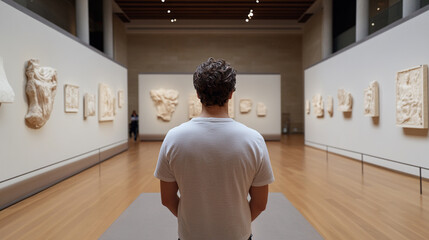Visitor contemplates art in an exhibition hall