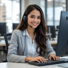 A woman wearing headphones is sitting at a desk with other people ai generated