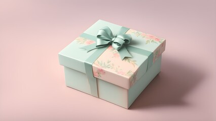 Square gift box with pastel floral design and light green ribbon, isolated on a pink background.