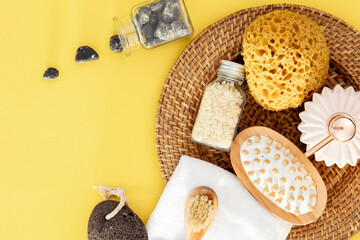 Skin care concept. Zero waste natural cosmetics products. Flat lay.
