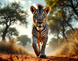 Fototapeta premium Majestic Zebra-Striped Lion Prowling African Savanna
