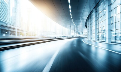 Obraz premium Curved city road with motion blur, glass building, urban background