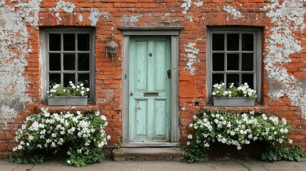 Charming Cottage with Mint Green Door and White Flowers
