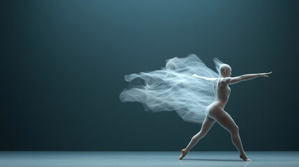 Dance performance with flowing fabric in a dark studio