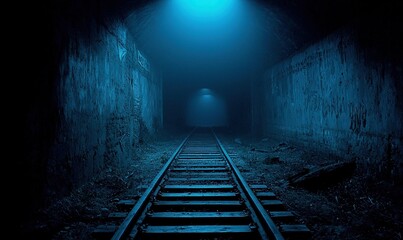 Dark, abandoned train tunnel at night with glowing blue light, ideal for mystery or suspense themes