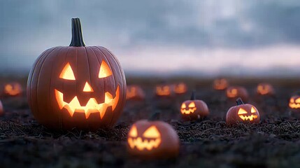 Spooky Halloween Pumpkins in Foggy Field