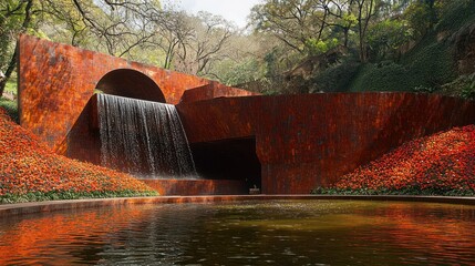 Fototapeta premium Serene Waterfall Landscape Architecture in Rust-Colored Corten Steel