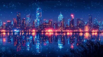 Futuristic city at night with neon blue lights. Generative AI