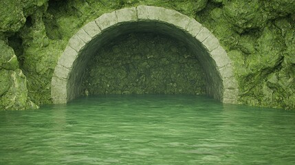 Mysterious mossy archway leads to hidden underwater cavern. Fantasy game background