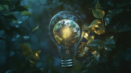 Eco-Friendly Light Bulb Surrounded by Lush Greenery Symbolizing Sustainability and Environmental Awareness for Future Generations in a Nature-Inspired Setting