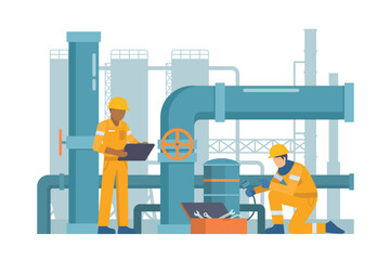 Oil and Gas Industry Workers Maintaining and Repairing Pipelines. Fully Editable Elements, Easy to Customize