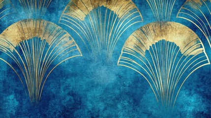 Obraz premium Elegant Art Deco Inspired Background with Golden Fan Shapes on a Vibrant Teal Texture for Modern Design and Creative Projects