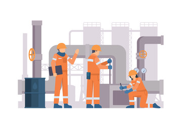 Oil and Gas Industry Workers Maintaining and Repairing Pipelines. Fully Editable Elements, Easy to Customize