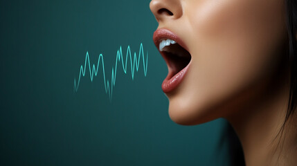 Woman vocalizing with sound waves in dark background
