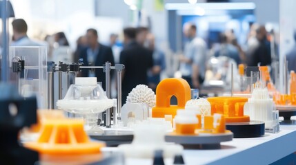 A bustling industrial additive manufacturing expo featuring 3D printers creating intricate prototypes and parts from various materials, Additive manufacturing expo scene, Advanced prototyping style