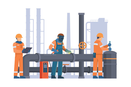 Oil and Gas Industry Workers Maintaining and Repairing Pipelines. Fully Editable Elements, Easy to Customize