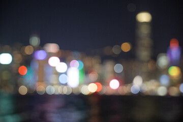 Bokeh night view of Hong Kong. Wallpaper background, copy space