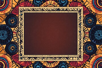 A blank card with an African pattern background and a large brown rectangle in the center, colorful African patterns, a dark maroon color scheme