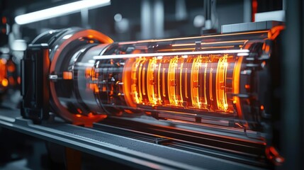 Obraz premium Renewable energy idea. Close-up view of a high-tech industrial machine showcasing vibrant glowing components.