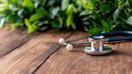 Stethoscope and leaves on wooden table, nature background, healthcare concept, medical image