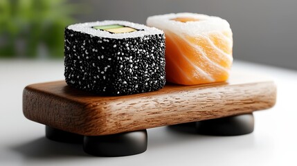 Delicious sushi rolls presented on elegant wooden platter, featuring vibrant colors and unique textures, perfect for food photography, culinary art, and restaurant menus.