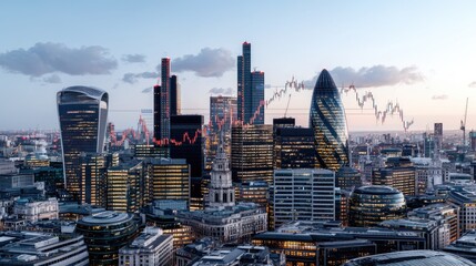 London cityscape at dusk, stock market graph overlay, financial district