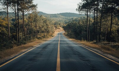 Fototapeta premium Empty asphalt road through pine forest in mountains
