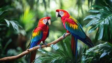 Jungle animal wallpaper with vibrant parrots, exotic leaves, and lush greenery