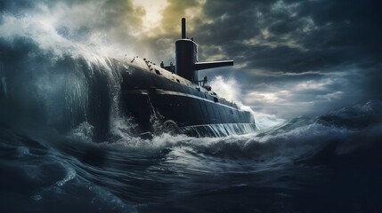 Dramatic scene of a submarine powerfully surfacing from beneath the ocean s churning waves creating a dramatic splash as it emerges into the sunlight above the water s surface