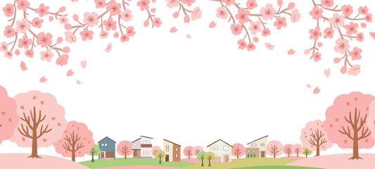 桜の季節の街の風景のイラスト　背景素材　バナー