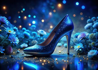Midnight Bloom: Blue High Heels Amongst Night Blooming Flowers