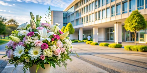 Memorial Flowers at Hospital Entrance: Sympathy & Remembrance Stock Photo