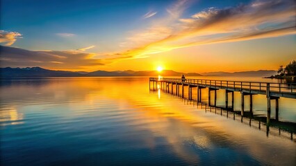 Obraz premium Minimalist Tahoe Sunset: Pier Silhouette at Twilight