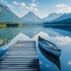 Serene Mountain Lake Escape: A wooden dock stretches out into tranquil turquoise waters, a lone canoe resting peacefully. Majestic mountains rise in the distance.