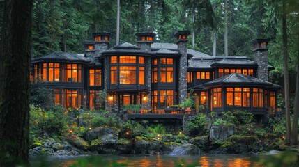 Obraz premium Luxury Lakeside Mansion in a Forest Setting at Dusk