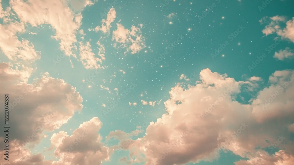 Poster a stunning display of a pastel-colored sky at twilight, showcasing soft clouds illuminated by fading