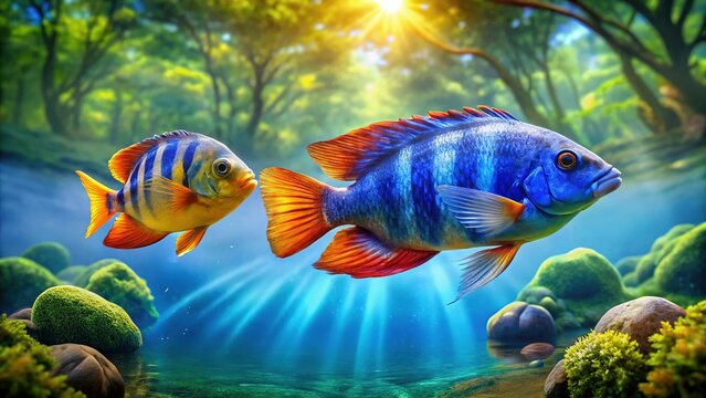 Uaru Amphiacanthoides and Leporinus Fasciatus Fish Double Exposure Aquarium River Scene