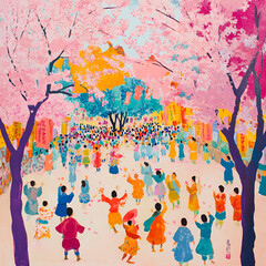 Cherry Blossom Festival Dance: A vibrant and joyful celebration unfolds beneath a canopy of blossoming cherry trees. People in colorful attire dance and rejoice.