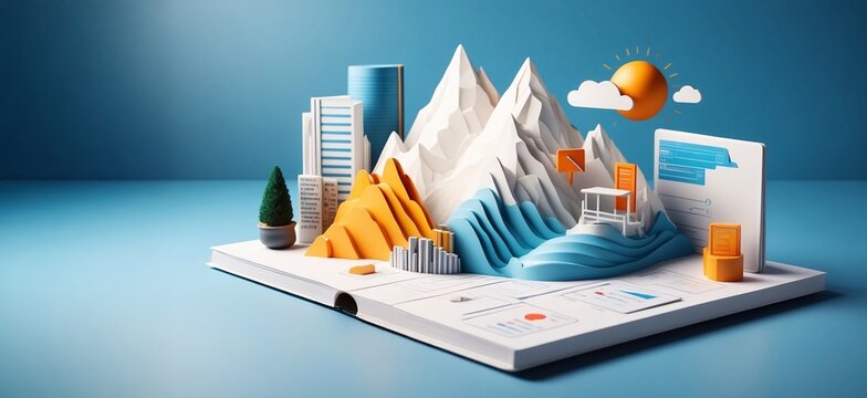 Business Strategy & Data Analytics - Isometric Illustration with Financial Graphs & Diagrams & Laptop for Web Banners on 3d Background.