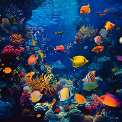 Fototapeta premium Vibrant Coral Reef: A breathtaking underwater scene teeming with diverse, colorful fish and vibrant coral formations. A kaleidoscope of marine life in a thriving ocean ecosystem.