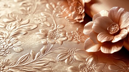 Metallic wallpaper in luxurious rose gold with intricate embossed floral patterns
