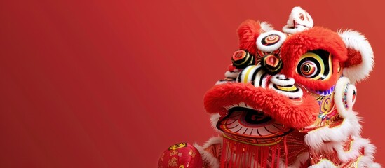 Fototapeta premium Red lion dance costume, red background, celebration (8)