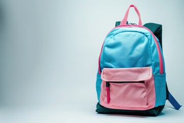 Detailed Picture of Blue and Pink Backpack on White Background