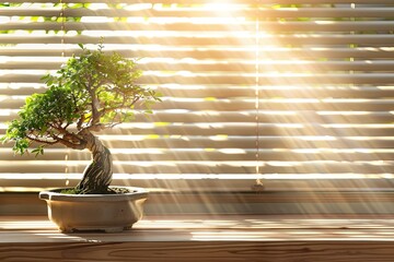 Bonsai on a Wooden Surface with Sunlight Shining Through Horizontal Blind