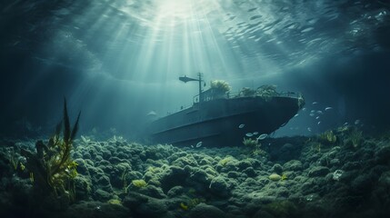 Submarine Exploring the Mysterious Depths of the Ocean Trench in a Wide Angle Underwater Shot